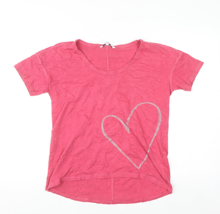 Next Petite Women Pink Rhinestone Heart Cotton T-Shirt Size 10