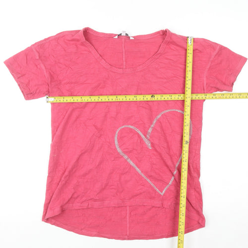 Next Petite Women Pink Rhinestone Heart Cotton T-Shirt Size 10