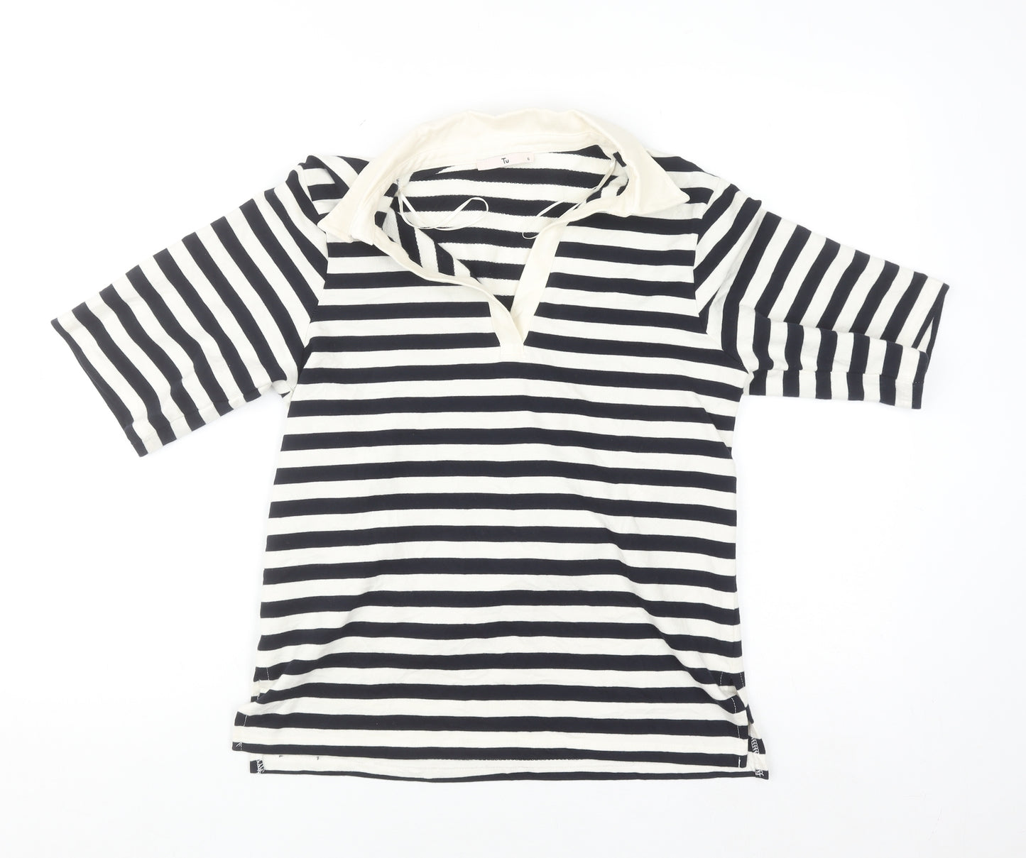 Tu Women’s Black & White Striped Collared T-Shirt Size 6 100% Cotton