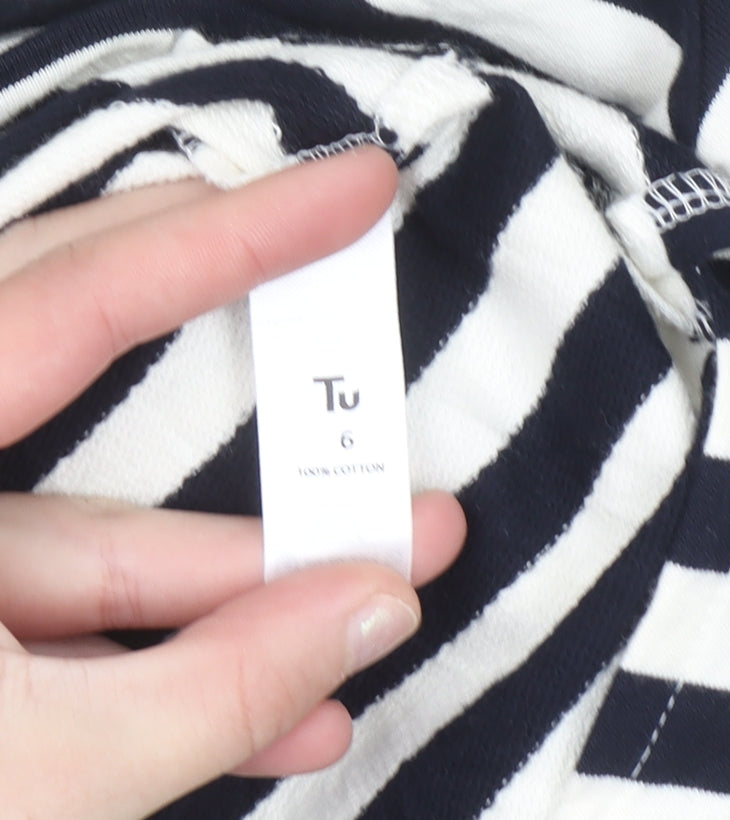 Tu Women’s Black & White Striped Collared T-Shirt Size 6 100% Cotton