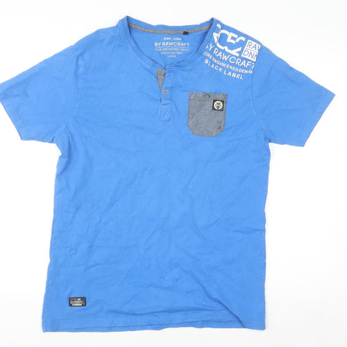 Rawcraft Men's Blue Henley Short Sleeve Cotton T-Shirt Size L