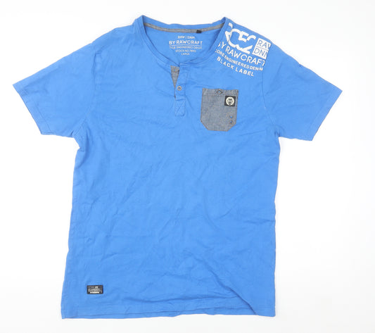 Rawcraft Men's Blue Henley Short Sleeve Cotton T-Shirt Size L