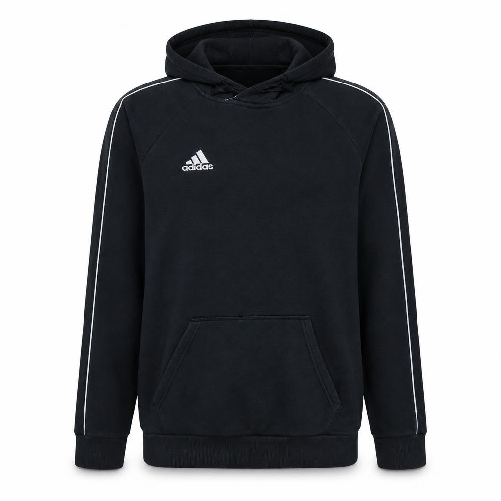 Front view of Adidas men’s black pullover hoodie small logo sportswear
