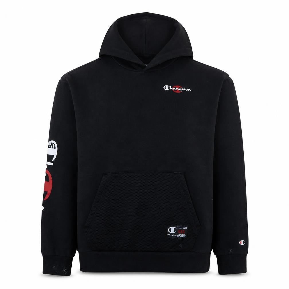 Front view of Champion boys’ black 2xl pullover hoodie cotton blend logo sweatshirt