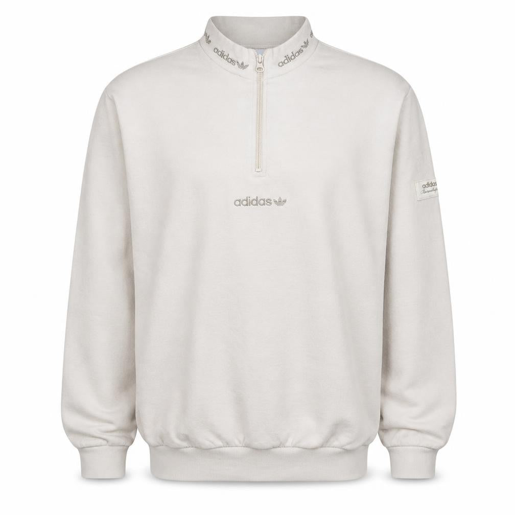 Front view of Adidas Men's Beige 1/4 Zip High Neck Sweatshirt, size M