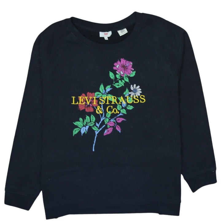 Levi's Women Black Pullover Sweatshirt 2XS Floral Embroidered Logo Cotton