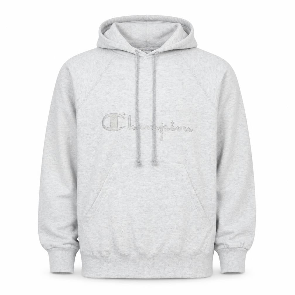 Front view of Champion Men's Grey XL Pullover Hoodie with Logo and Pocket