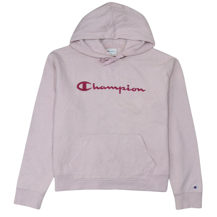 Champion Womens Pink Pullover Hoodie L Embroidered Logo Cotton Blend