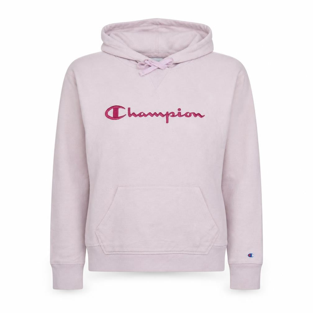 Front view of Champion women’s pink pullover hoodie l embroidered logo cotton blend