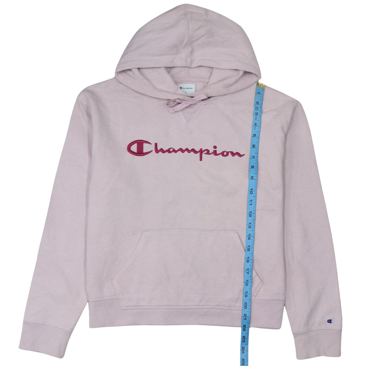 Champion Womens Pink Pullover Hoodie L Embroidered Logo Cotton Blend