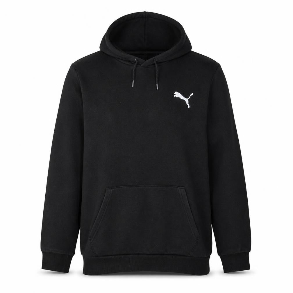 Front view of Puma Men's Black Pullover Hoodie, size S, Regular Fit Sportswear