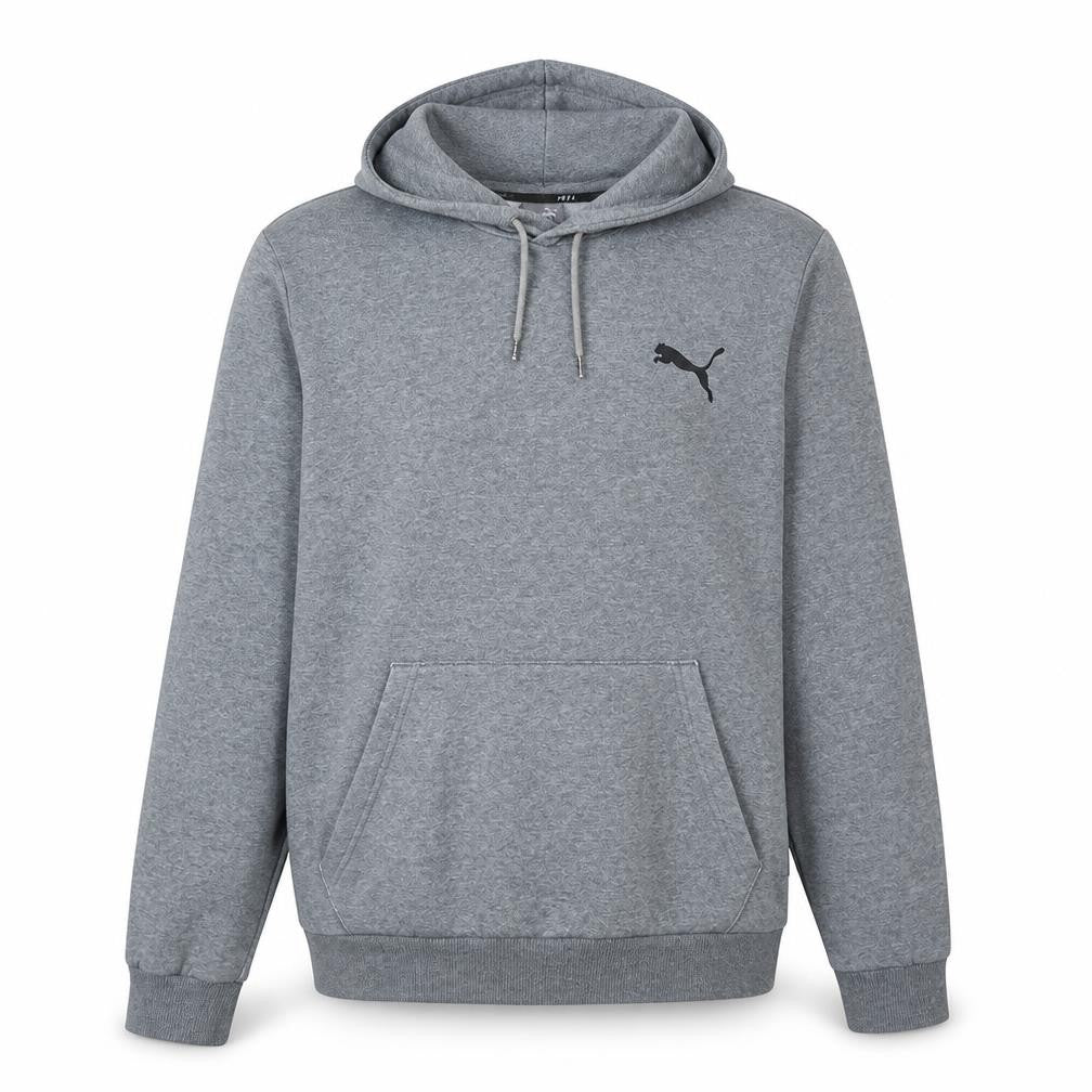 Front view of Puma Men's Grey XL Pullover Hoodie with Logo and Kangaroo Pocket
