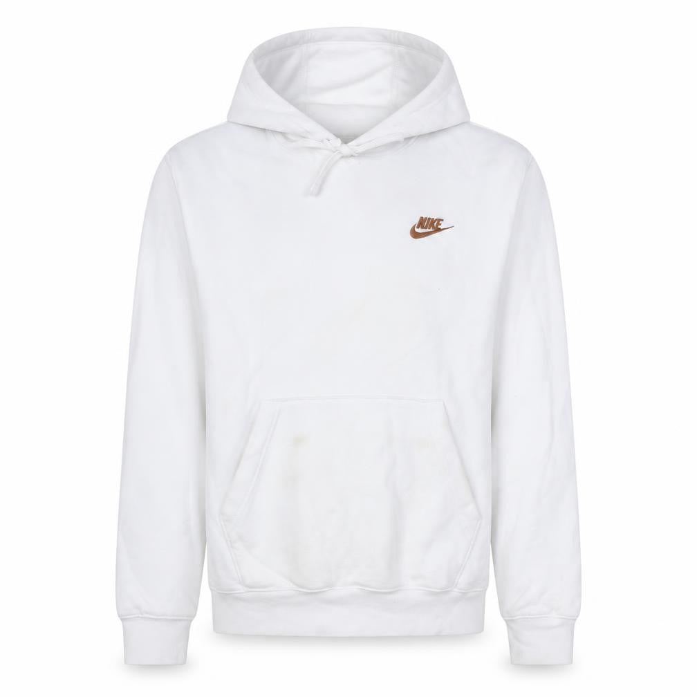 Front view of Nike Men's White XS Pullover Hoodie with Brown Logo