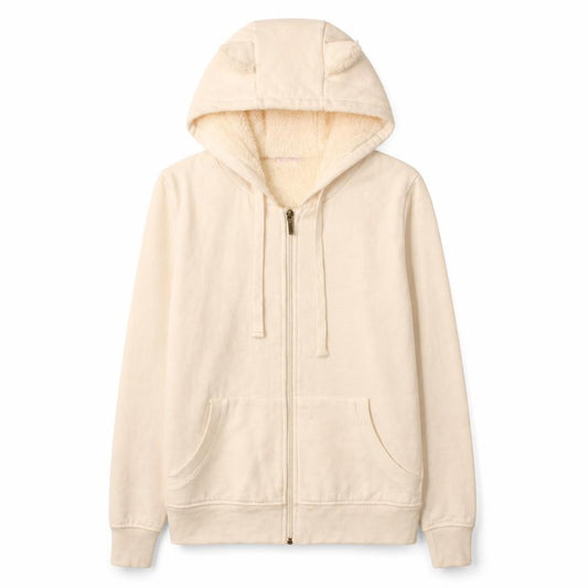 Front view of FB Sister women’s ivory full zip hooded sweatshirt xs faux fur lined