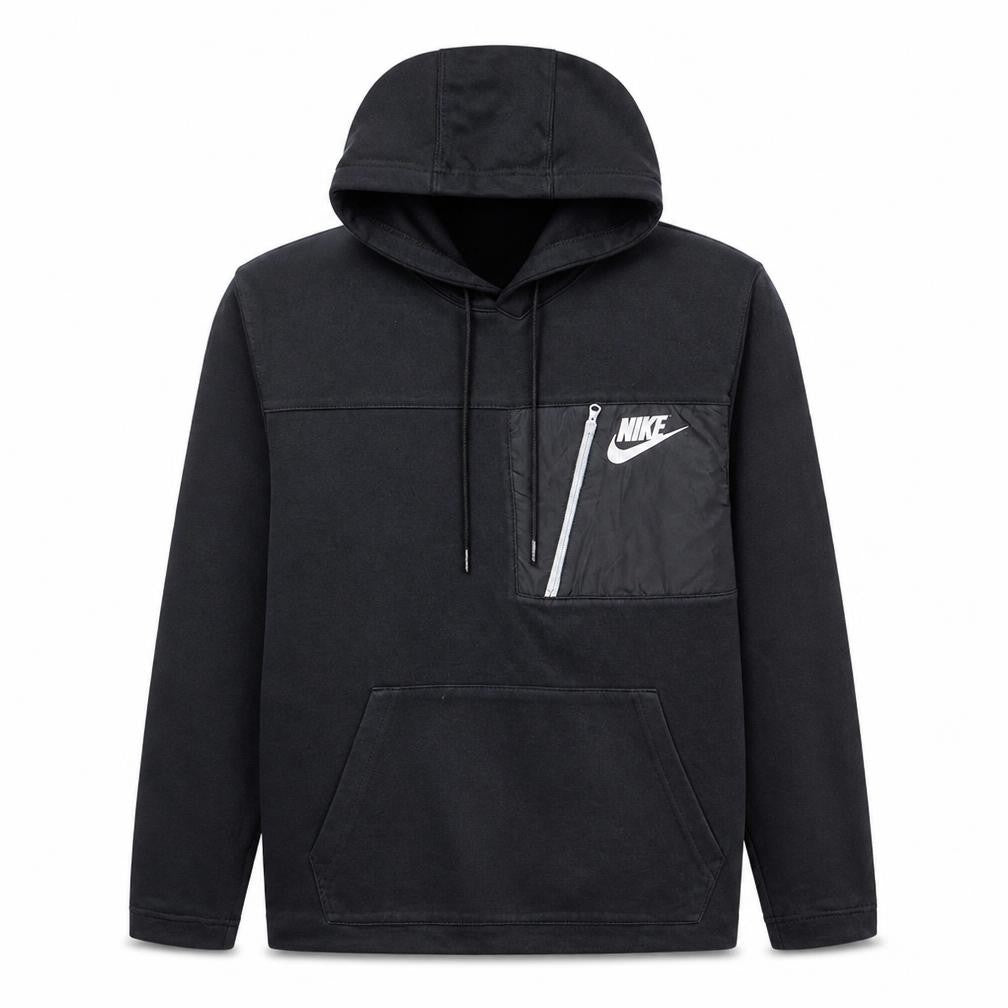Front view of Nike Men Black Pullover Hoodie M Logo Zip Pocket Sportswear