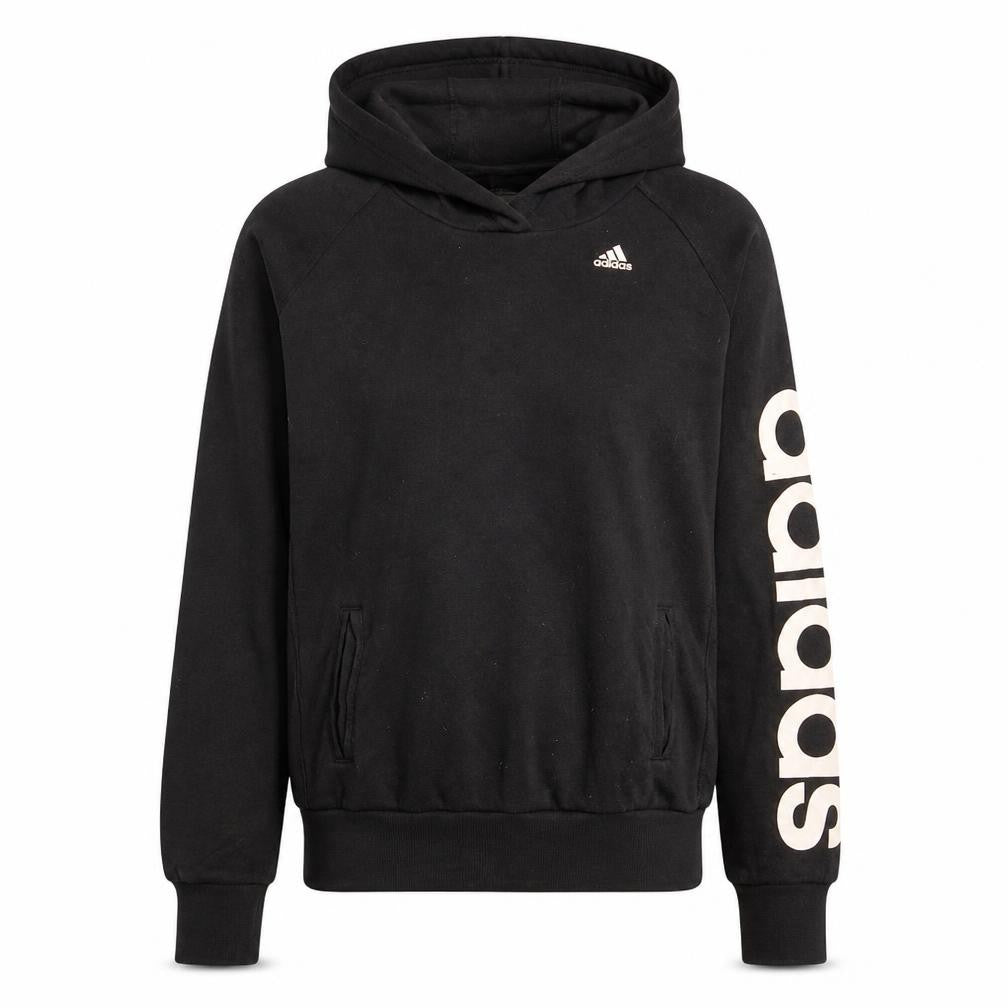 Front view of Adidas women’s black small pullover hoodie with logo sleeve climalite