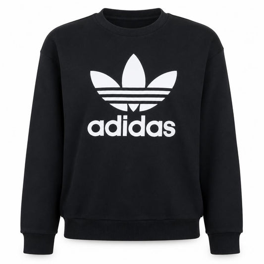 Front view of Adidas women’s black crew neck pullover sweatshirt, size XS, classic logo