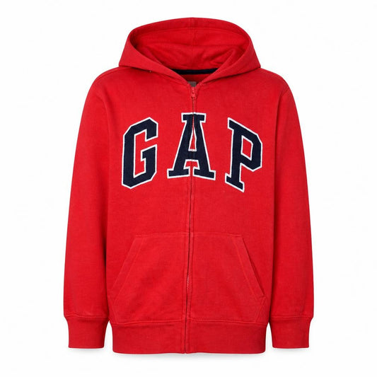 Front view of Gap Kids boys’ red full zip hoodie xl 12-13 years cotton blend logo
