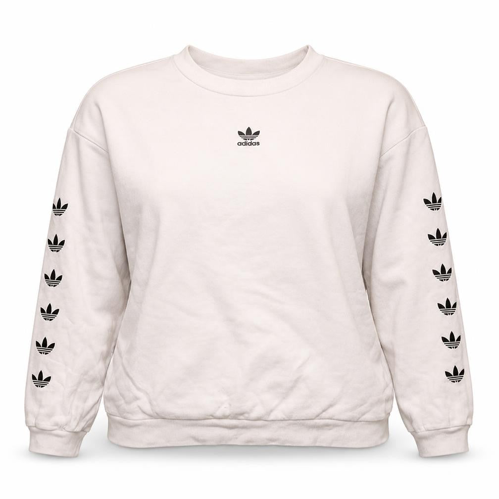 Front view of Adidas women’s beige crew neck sweatshirt, size UK 14, logo print