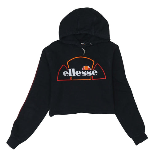 Ellesse Womens Black Cropped Hoodie UK 8 Cotton Blend Logo Hooded Sweatshirt