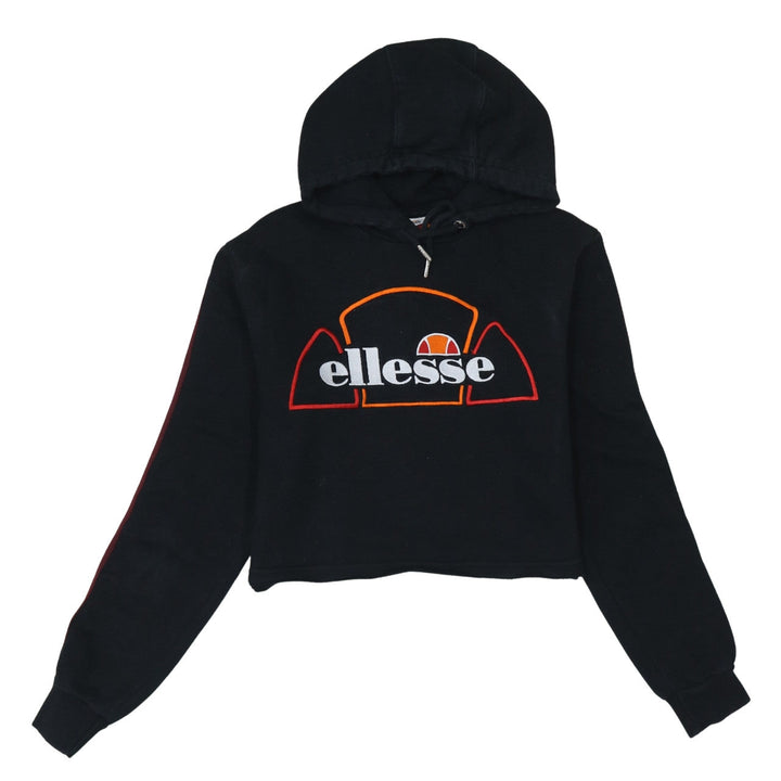 Ellesse Womens Black Cropped Hoodie UK 8 Cotton Blend Logo Hooded Sweatshirt