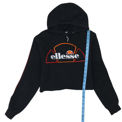 Ellesse Womens Black Cropped Hoodie UK 8 Cotton Blend Logo Hooded Sweatshirt