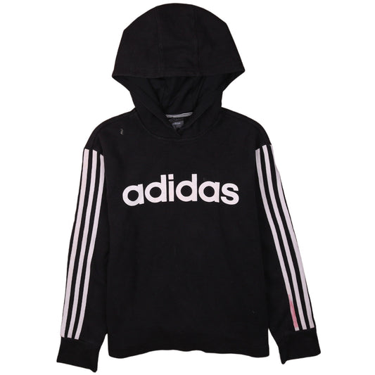 Adidas Womens Black Pullover Hoodie Size M 12-14 Logo Striped Sleeve