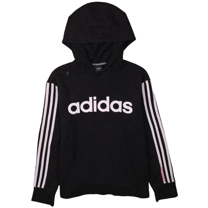 Adidas Womens Black Pullover Hoodie Size M 12-14 Logo Striped Sleeve
