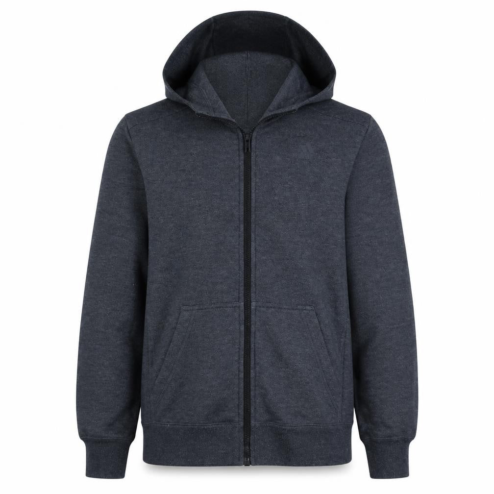 Front view of Adidas Men's Grey Full Zip Hoodie, size S, Sport Essentials