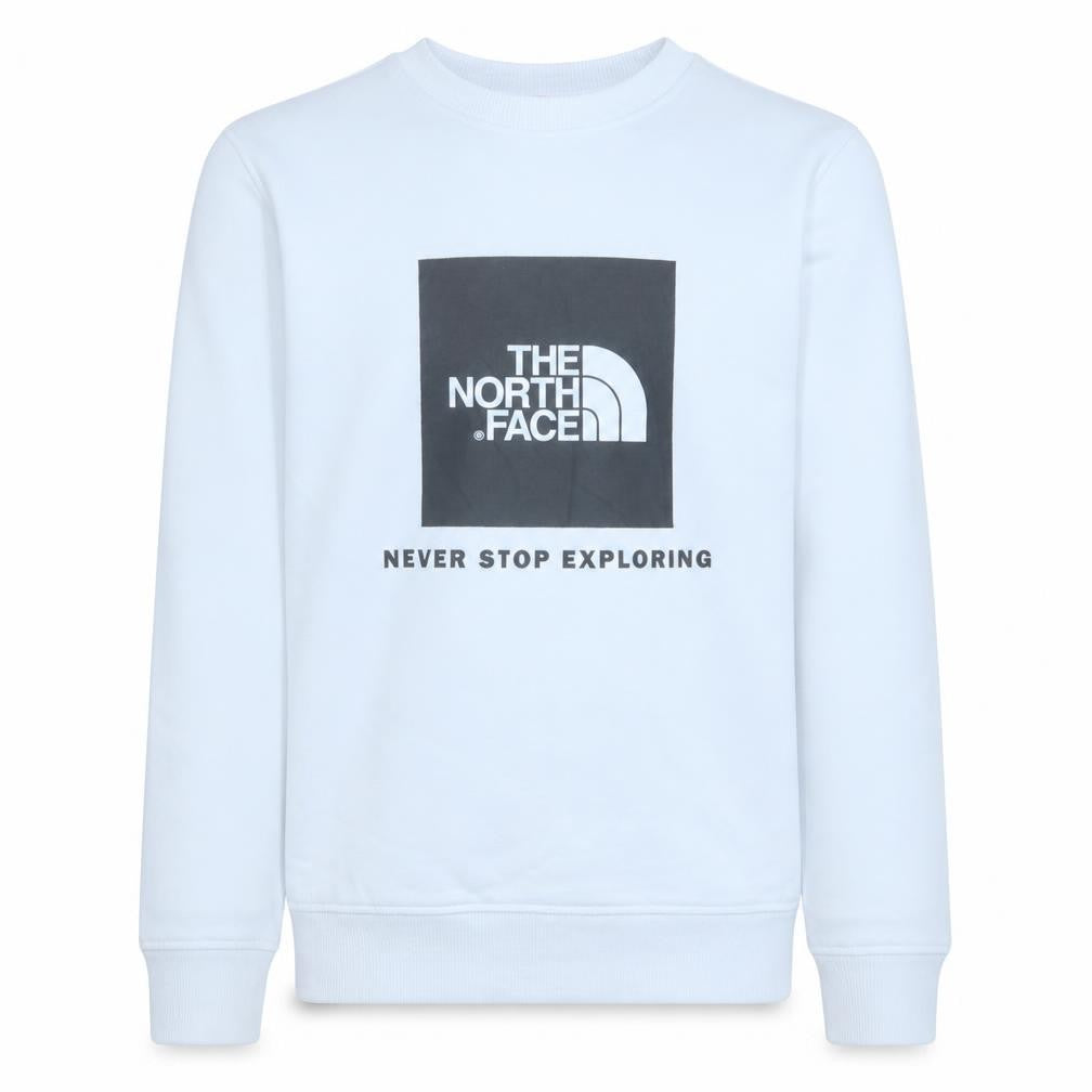 Front view of The North Face boys’ white pullover sweatshirt l graphic print crew neck