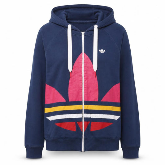 Front view of Adidas Women’s Blue Full Zip Hoodie, size UK 14, Logo Print Casual