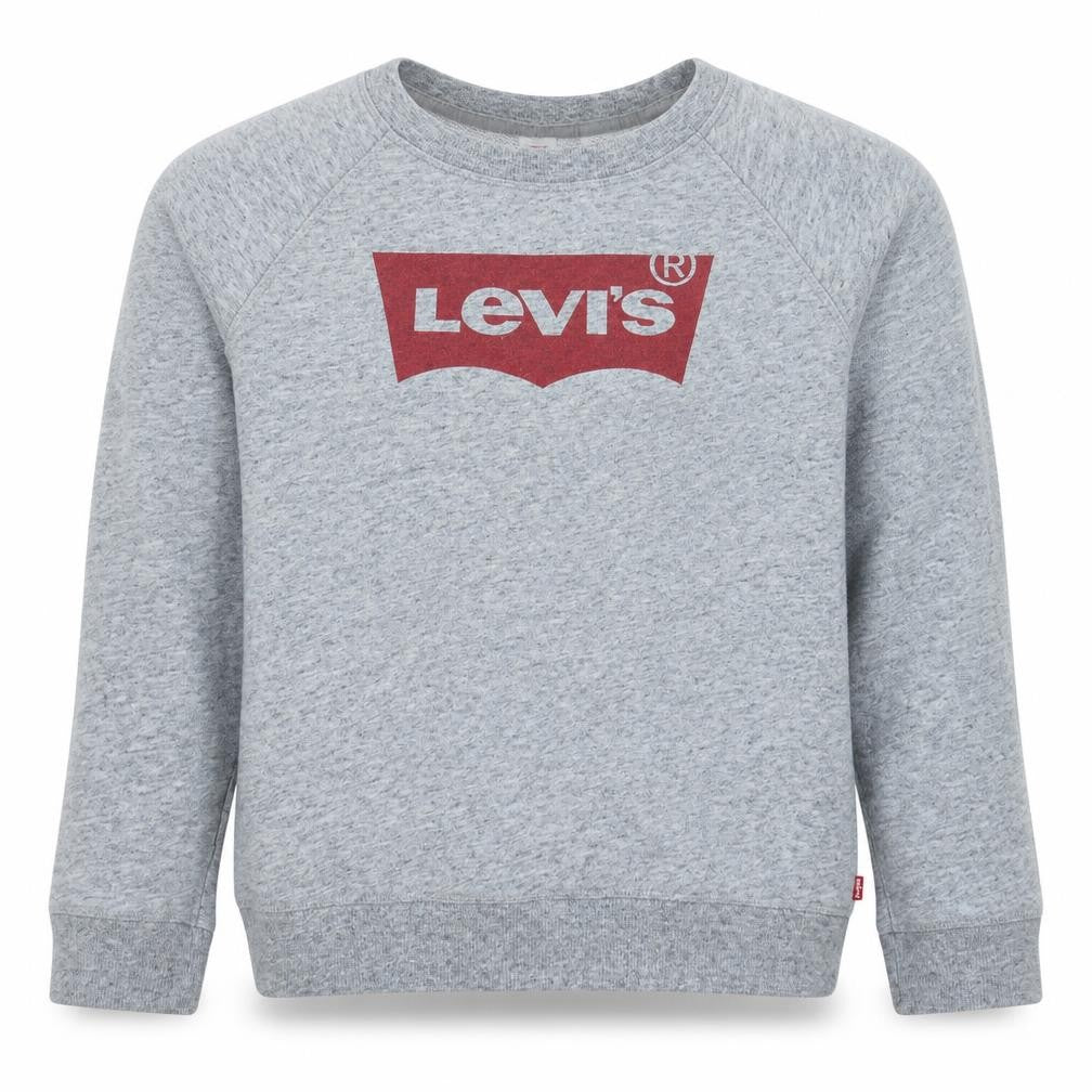 Front view of Levi's boys’ grey logo pullover sweatshirt m lightweight crew neck