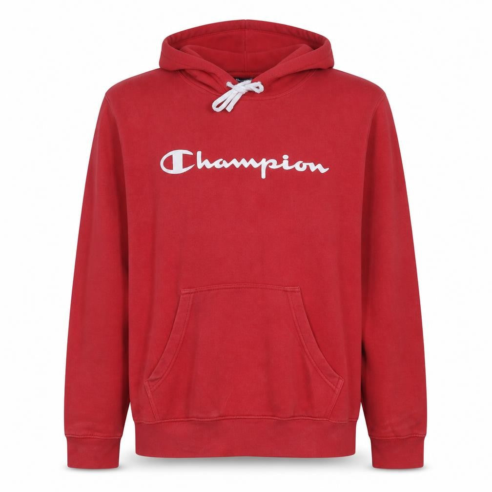Front view of Champion Men's Red Pullover Hoodie, size L, Fleece Logo Sweatshirt