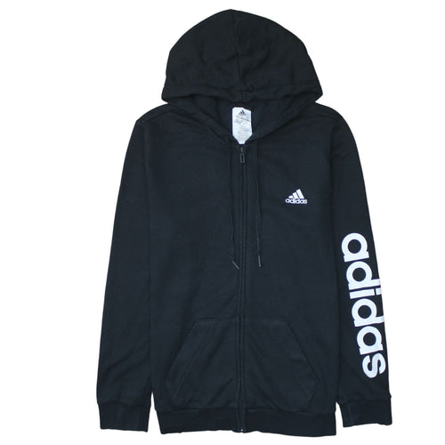 Adidas Women Black Full Zip Hoodie L 16-18 Logo Sleeve Casual Sportswear