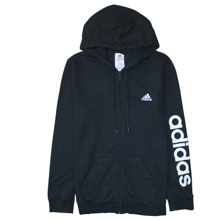 Adidas Women Black Full Zip Hoodie L 16-18 Logo Sleeve Casual Sportswear