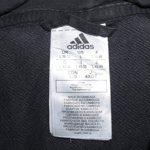 Adidas Women Black Full Zip Hoodie L 16-18 Logo Sleeve Casual Sportswear