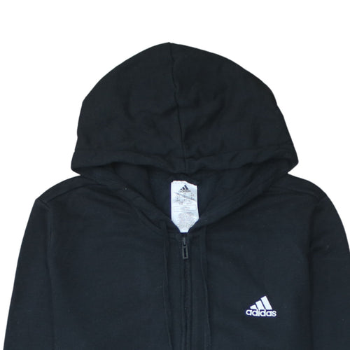 Adidas Women Black Full Zip Hoodie L 16-18 Logo Sleeve Casual Sportswear