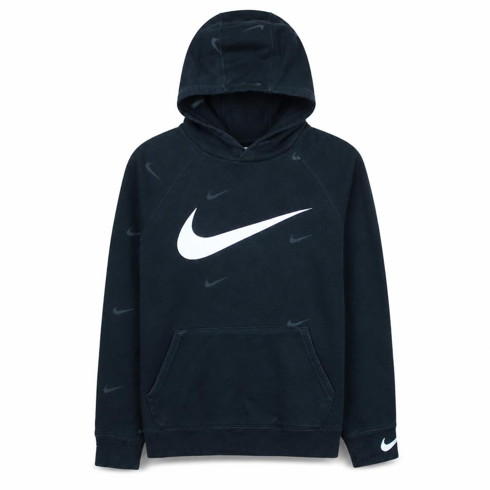 Front view of Nike boys’ black xl pullover hoodie with white logo and kangaroo pocket