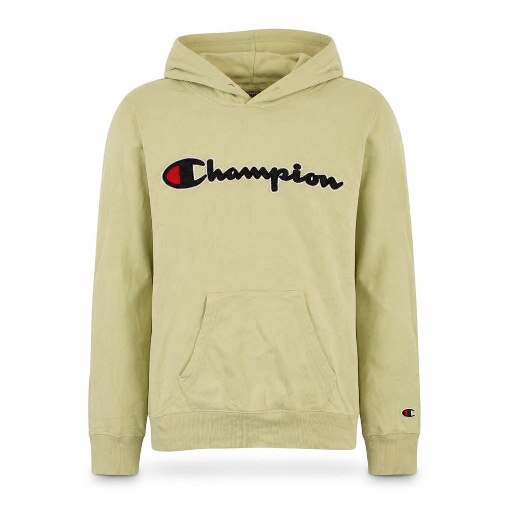 Front view of Champion Men's Beige XS Pullover Hoodie with Embroidered Logo