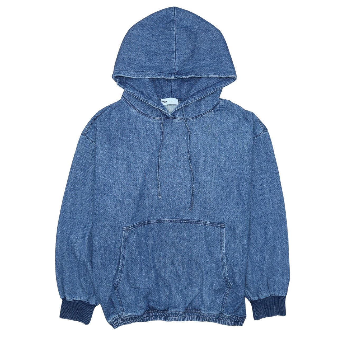 ZARA Women Blue Denim Pullover Hoodie L Relaxed Fit Casual Cotton