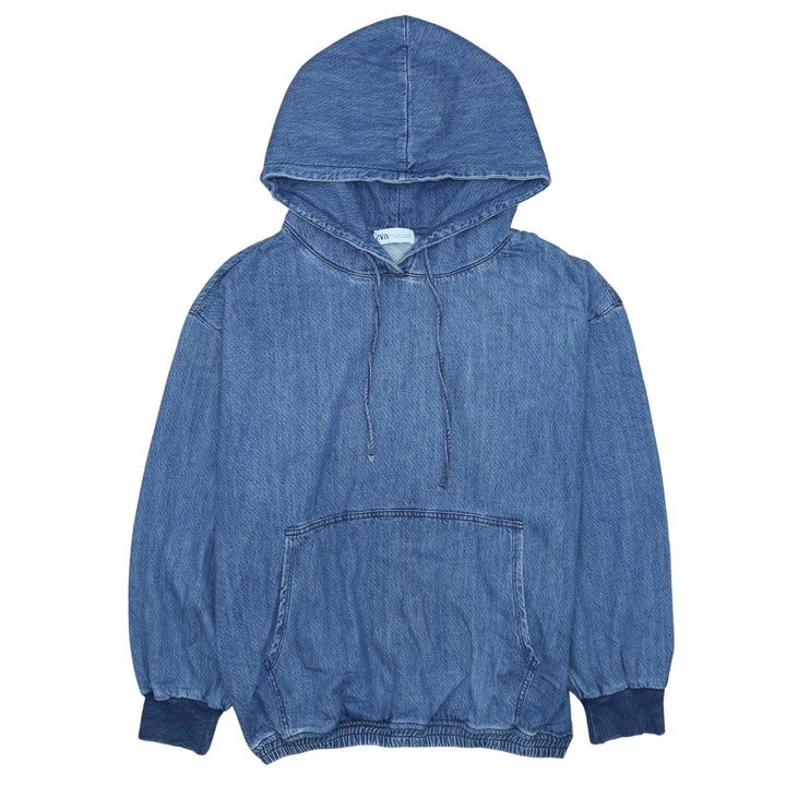 ZARA Women Blue Denim Pullover Hoodie L Relaxed Fit Casual Cotton