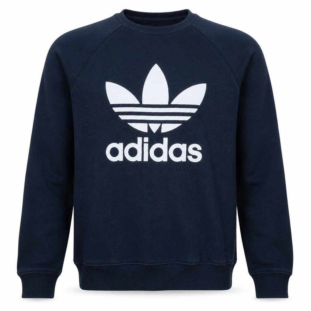 Front view of Adidas men’s blue crew neck pullover sweatshirt, size S