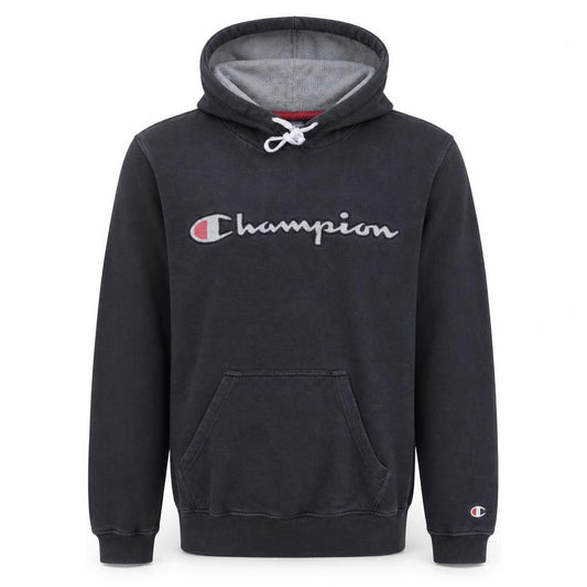Front view of Champion Men's Black Small Pullover Hoodie with Logo Embroidery