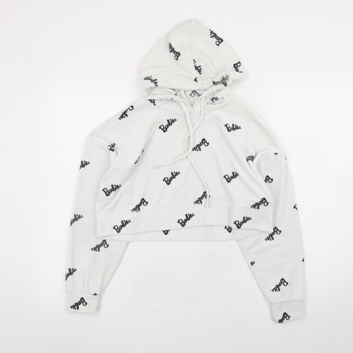 Barbie White XS Cropped Pullover Hoodie for Women with Logo Print