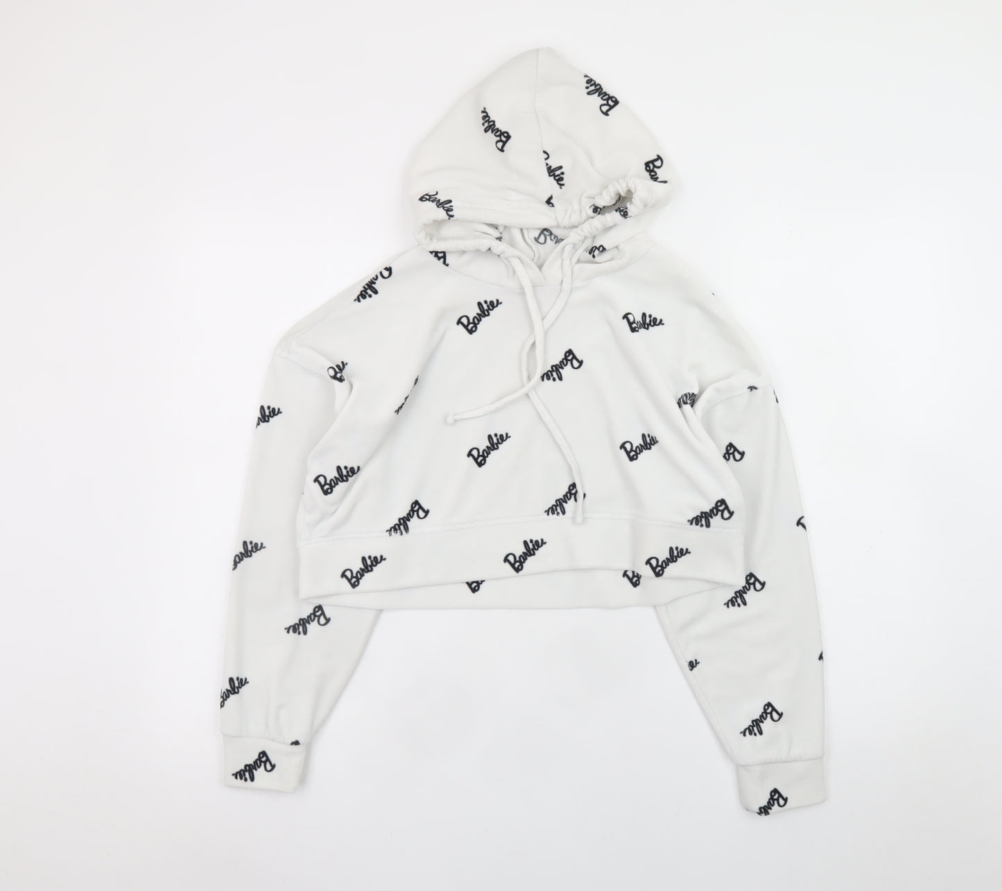 Barbie White XS Cropped Pullover Hoodie for Women with Logo Print