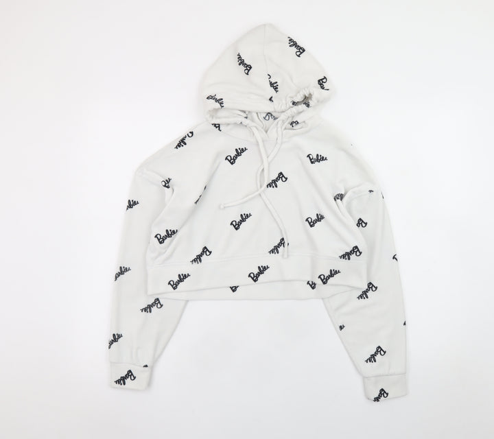 Barbie White XS Cropped Pullover Hoodie for Women with Logo Print