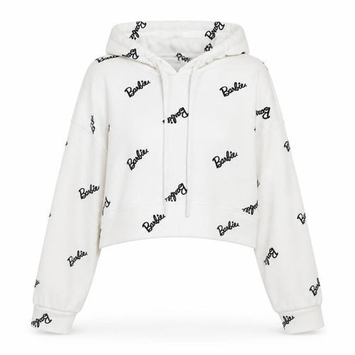 Barbie White XS Cropped Pullover Hoodie for Women with Logo Print