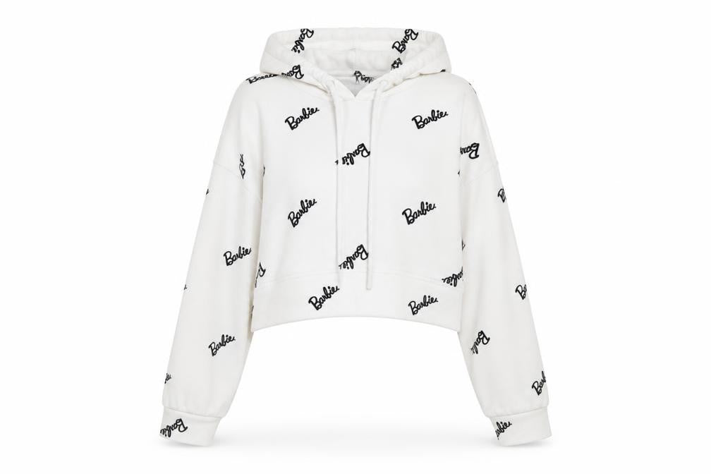 Barbie White XS Cropped Pullover Hoodie for Women with Logo Print