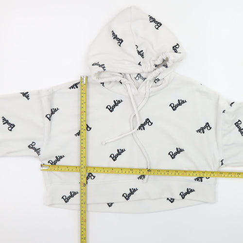 Barbie White XS Cropped Pullover Hoodie for Women with Logo Print