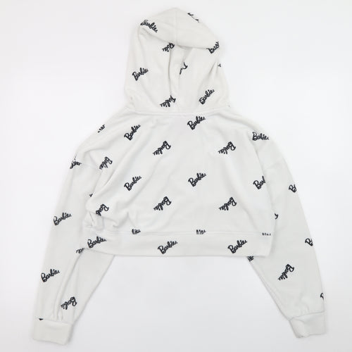 Barbie White XS Cropped Pullover Hoodie for Women with Logo Print